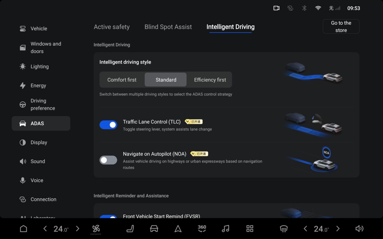 Driver assistance in the car settings